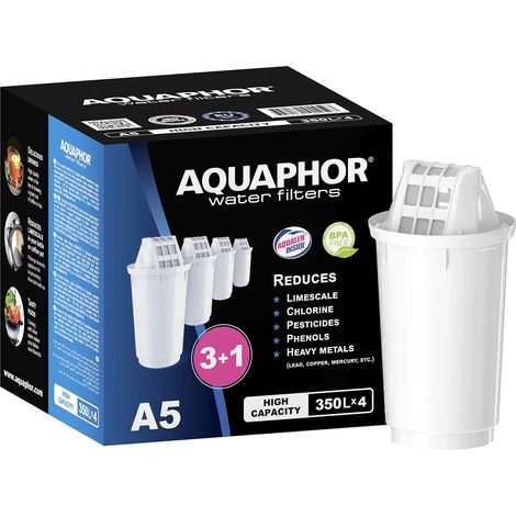 AQUAPHOR Cartucce filtro A5 3+1 pacco I Filtra calcare e cloro, metalli pesanti e altre sostanze I 350l acqua purificata I Con la tecnologia AQUALEN I Per bevande e cibo migliori