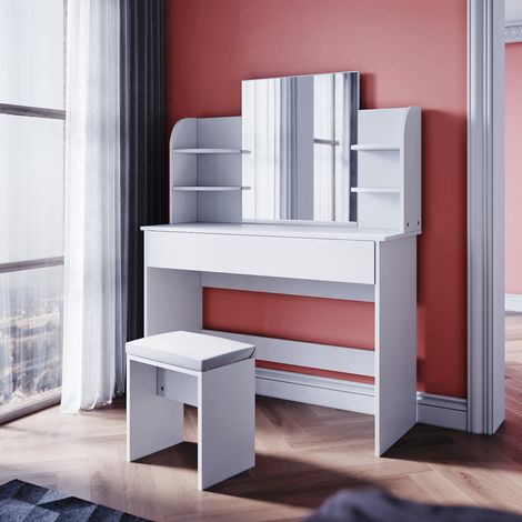 SONNI Mesa Maquillaje con Espejo y Taburete 108x40x140cm, Tocador Maquillaje,Tocador Blanco con 4 Estantes (1/5)