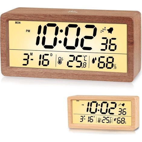 Geräuschloser digitaler Wecker aus Holz, LED-Uhr mit Datums-, Temperatur- und Luftfeuchtigkeitsanzeige, Schlummerfunktion, dunkelbraun (1/5)