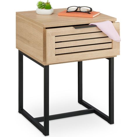 Relaxdays Bedside Table with Drawer, 55.5 x 40 x 41.5 cm, Nightstand, Wood Effect, Metal, Bedroom Cabinet, Natural/Black