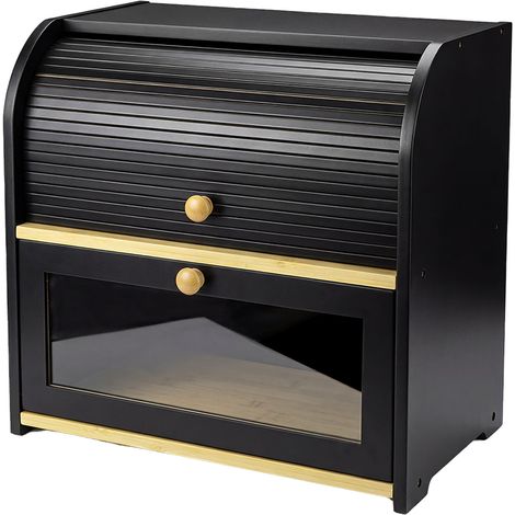 Bread Box, 2-Tier Large Capacity Roll Top, Black Bamboo, Acrylic Door (1/5)