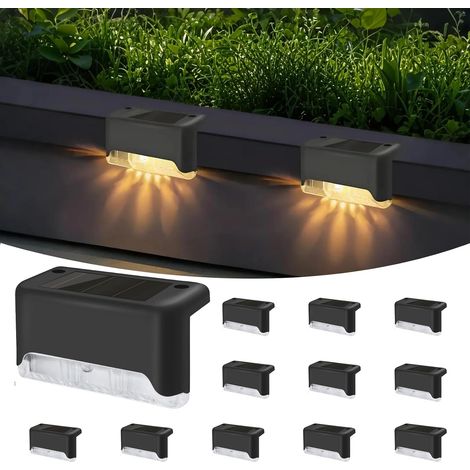 Lampes Solaires pour Terrasses étanches IP65, Lot de 12 Lampes Solaires d’Escalier – LED extérieures pour marches, clôtures, cour, patio, jardin, piscine et allée (Noir, Blanc Chaud) (1/5)