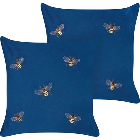 Lot de 2 Coussins Décoratifs Bleu et Doré en Velours à Motif d'Abeilles Talinum (1/5)