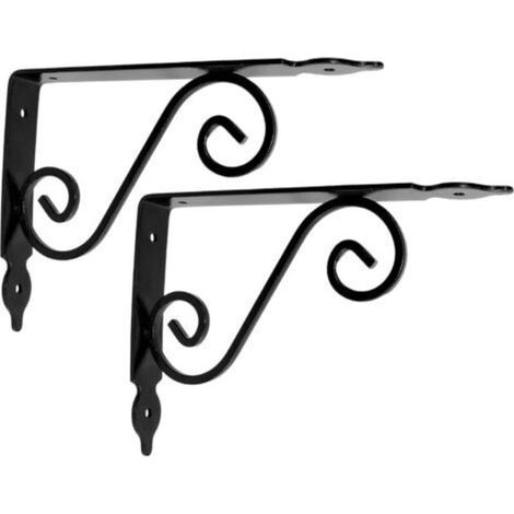 Kaelt - Lot de 2 Consoles d\'étagères décoratives 200x126x25 mm - couleur: noir - "effet fer forgé" supports équerres renforcées à angle droit - pour fixation murale - en acier (1/4)