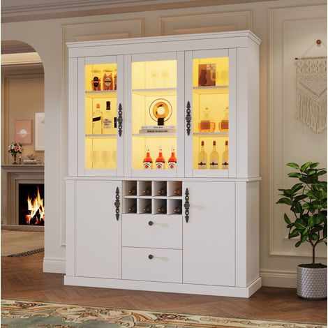 Vitrina 130x37.5x170.5 cm blanca en vidrio y tablero de partículas con LED, 2 cajones, 4 puertas y botellero (1/5)