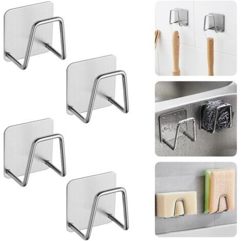 QORVA-4 PCS Porte-Éponge Autocollant en Acier Inoxydable 5 X 5 X 3.2cm Argent Porte Eponge Cuisine Evier Crochet Autocollant Adhesif Support Eponge Evier Cuisine Inox Crochet pour Éponge Brosse