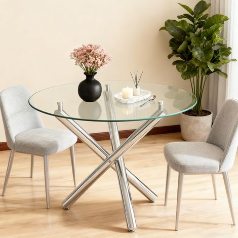 Tavolo rotondo 80x80x76 cm argento in vetro temperato e metallo con base incrociata regolabile (1/5)