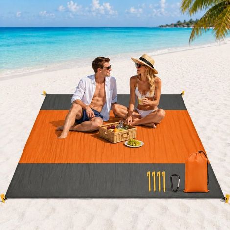 Tapis de Plage Antisable XXL 210 x 200 cm - Grande Couverture Étanche et Légère pour Camping, Pique-nique et Randonnée - Avec 4 Piquets et Sac de Transport (1/5)