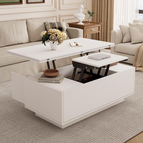 Moderner Couchtisch mit Doppel-Hebemechanismus, verstecktem Stauraum，Blanc  – 100x50x55.5cm (1/5)