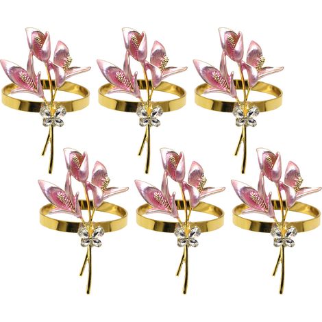 [Rosa + Gold] Set mit 6 frischen und schlichten Lilien-Serviettenringen mit Strassstickerei, Hochzeitsserviettenringe (1/3)