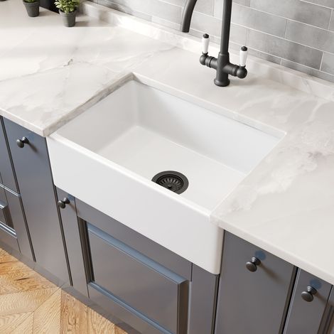 605 x 405mm Ceramic Belfast Kitchen Sink Single Bowl & Matt Black Strainer Waste (1/5)
