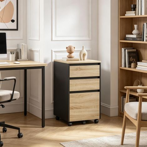 MEUBLIV Caisson mobile de bureau noir 40x40x70 cm – 3 tiroirs et rangement A4 (1/5)