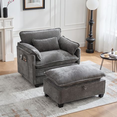 CHICFURN Sillón con reposapiés 103 x 85 x 91 cm chenilla gris, bolsillo lateral (1/5)