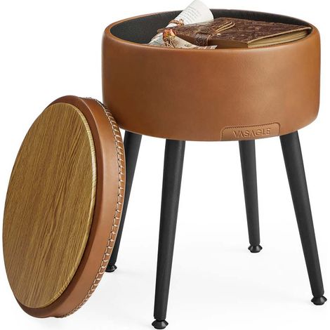 Pouf de rangement tabouret de coiffeuse PU avec coutures moderne mi-siècle tabouret de rangement rond avec pieds en acier capacité 150 kg marron (1/5)