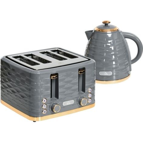 3000W Rapid Boil Kettle 1.7L & 4 Slice Toaster Set with 7 Browning Controls, Defrost, Reheat, Crumb Tray, Grey