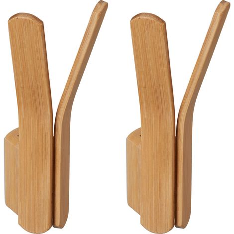 Set de 2 Perchas de Pared Bambú, para Atornillar, Ganchos Resistentes, para Armario o Pasillo, 15 x 6,5 x 6 cm, Natural (1/5)