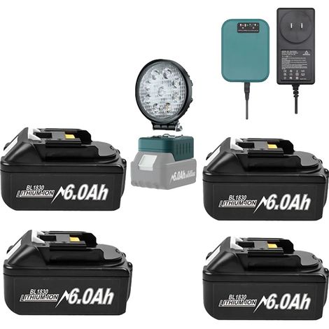 Batería recargable, capacidad de 6000 mAh, compatible con múltiples herramientas, 4 baterías de 6 Ah, 1 cargador, 1 linterna (1/2)