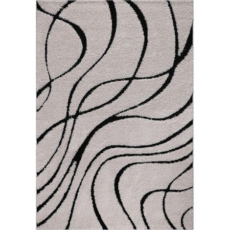 Tapis shaggy Ø120cm crème tissé rond motif géométrique POUDA