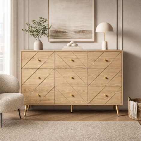 MEUBLIV Commode 9 tiroirs couleur bois 120x39x80 cm – rangement compact sur pieds en fer (1/5)