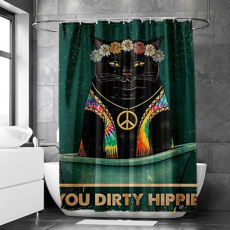 Rideau de douche motif chat et chien dans baignoire, tissu salle de bain imperméable, 150x180 cm (1/5)