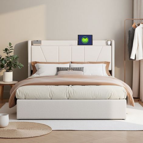 Bett 160 x 200 cm – Leinenstoff – Lattenrost – Bettkasten 160 x 200 cm – beige