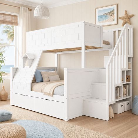 Litera infantil 90x200/140x200 cm blanca de madera de pino con escalera de almacenaje y cajones (1/5)