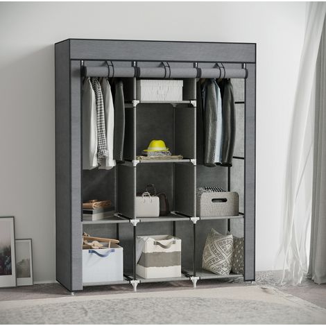Armoire en tissu 125x43x162.5 cm gris foncé en tissu avec 8 étagères et 2 tringles (1/5)