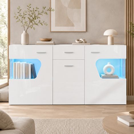 Sideboard 140/33/70 cm in Weiß Hochglanz mit 3 Türen, LED und Sicherheitsglas