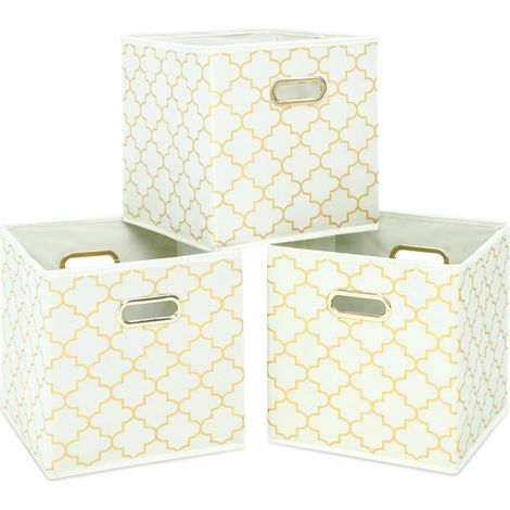 Paniers de rangement en tissu, organisateur cubique en tissu avec double poignée, paniers de rangement pliables pour la maison et la chambre, lot de 3 (crème, blanc, or) (1/5)