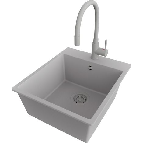 PRIMAGRAN Evier Cuisine en Granit 43x50cm,Lavabo 1 bac + Robinet 38x14cm + Kit de Vidage, Évier à Encastrer au meuble 45cm - Riga, Gris (1/5)