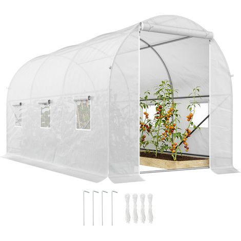 Serre tunnel de jardin de 3,5 x 2 x 2 m avec portes et fenêtres à enroulement, serre potagère avec 5 supports diagonaux, structure métallique et bâche en PE, pour légumes et fleurs, blanche