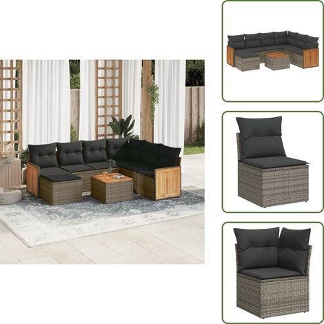 The Living Store Salon de jardin 8 pcs avec coussins gris résine tressée - Ensemble Salon De Jardin - Meuble Extérieur - Mobilier De Jardin - Chaise Lounge - Set De Jardin