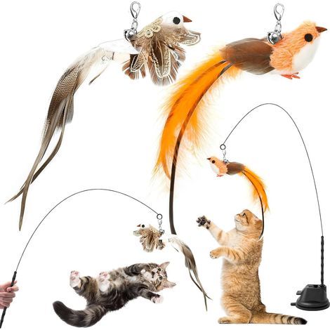 4 Pièces Jouet Chat Interactif, Interieur Jouets pour Chats avec Ventouse, 1 Canne à Pêche pour Chaton avec 2 Oiseaux à Clochettes, Jouets Intelligence Chat Baguette (1/5)