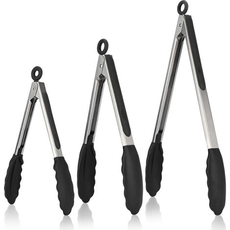 Set di 3 pinze da cucina per barbecue in acciaio inox 18/8 con manico in silicone resistente al calore fino a 315℃, antiaderenti, senza BPA (nero) (1/5)