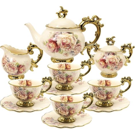 15 Pièces Services à Thé de Mariage en Porcelaine Anglaise, Ensemble de Café de Fleurs Vintage, pour Adultes