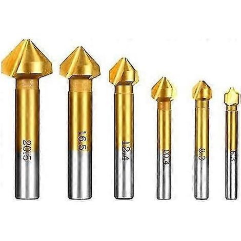 Set di 6 coltelli, smusso a 90°, ébavureuses e fragole a smusso acciaio HSS 4241 con rivestimento in titanio, tra cui punte e posizionale trapani smusso. (1/5)