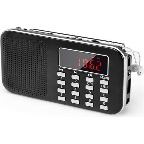 Radio AM/FM portátil con luz de emergencia, compatible con Micro SD/AUX/USB y batería recargable de 1200 mAh.