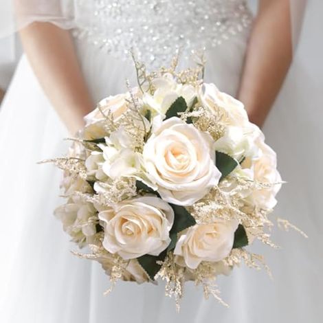 Bouquets de mariage pour la mariée, bouquets de mariée blanches de 9,1 pouces pour la mariée, bouquet de rose artificiel, bouquet de fleurs avec ruban de soie pour cérémonie de la Saint-Valentin (1/4)