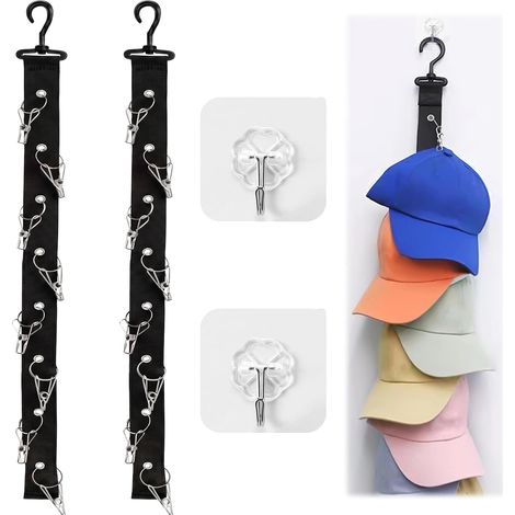 Support mural pour casquettes noir 2 pièces avec 8 clips et 2 crochets adhésifs, rangement chapeaux écharpes (1/4)