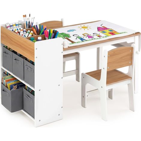 COSTWAY Set Tavolo e 2 Sedie per Bambini 3+ Anni con 6 Portagiochi (1/5)