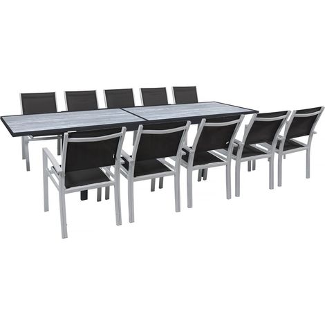 Garten-Essgruppe ausziehbar "Lagos" - Ausziehbarer Tisch 200/320 x 105 x 76 cm - 10 Stühle - Schwarz