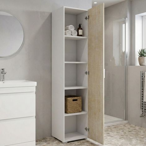 Armoire polyvalente Aquilegia, meuble linéaire avec 1 porte battante et 4 étagères réglables, meuble colonne pour salle de bain, 45x45h195 cm, Chêne et Blanc (1/5)