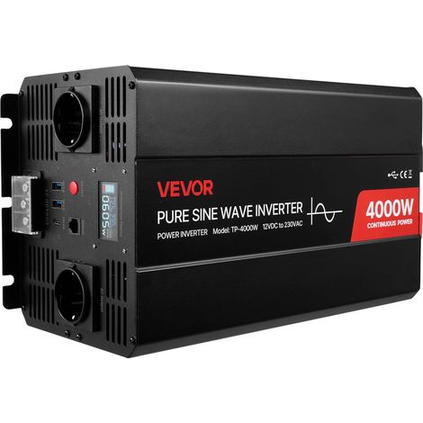 Onduleur 4000W onde sinusoïdale pure 12V DC à 230V AC avec écran LCD, télécommande, 2 ports USB et 2 prises CA pour camping-car (1/5)