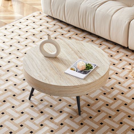 Mesa de centro redonda 70x70x35,5 cm negro y travertino claro, patas regulables, MDF metal MEUBLIV (1/5)
