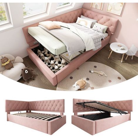 lit coffre 90x190, coffre XL lit une personne, revêtement velours rose, sommier inclus, structure métal robuste (1/5)