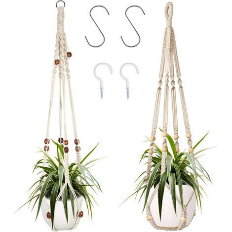 Juego de 2 colgadores para plantas, cesta colgante de macramé para interiores con cuentas de madera, colgador decorativo de macramé para decoración del hogar con 4 ganchos. (1/5)