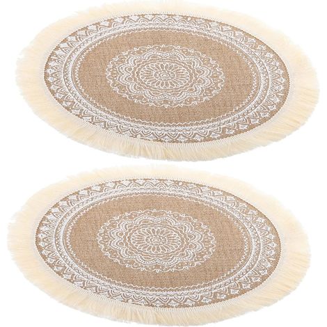 Set aus 2 Tischsets aus Baumwolle und Leinen mit Pompons, inklusive gewebter Untersetzer und Untersetzer. Tischdekoration für die Hochzeit. (1/5)