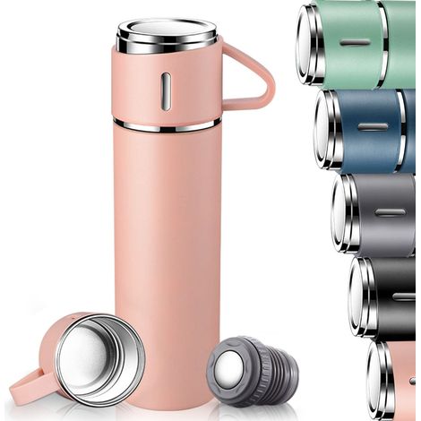 Bouteille Isotherme 500ml, Gourde Isotherme Etanche avec Tasse et Couvercle, Mug Isotherme Cafe en acier Inoxydable  (Rose)