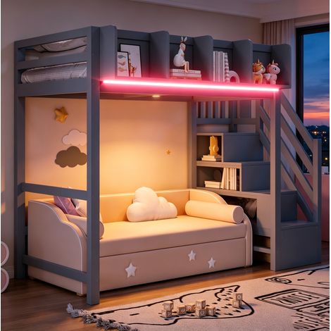 Letto a soppalco 90x200 cm grigio in legno con LED, scala contenitore e ripiani (1/5)