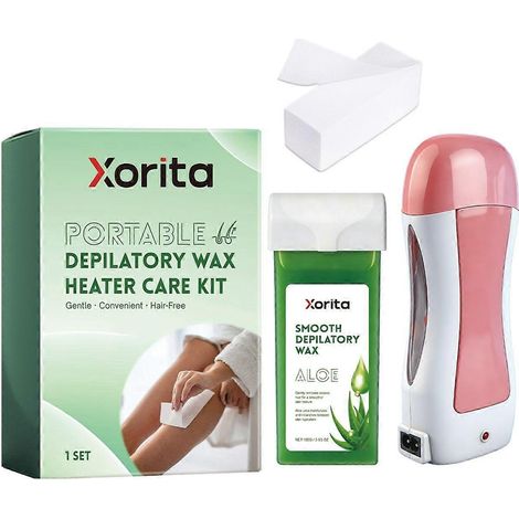 1 ensemble Kit de chauffe-cire dépilatoire portable, rouleau de cire à l'aloe vera et 100 bandes de cire, kit d'épilation à domicile pour une peau douce, formule douce pour (1/5)